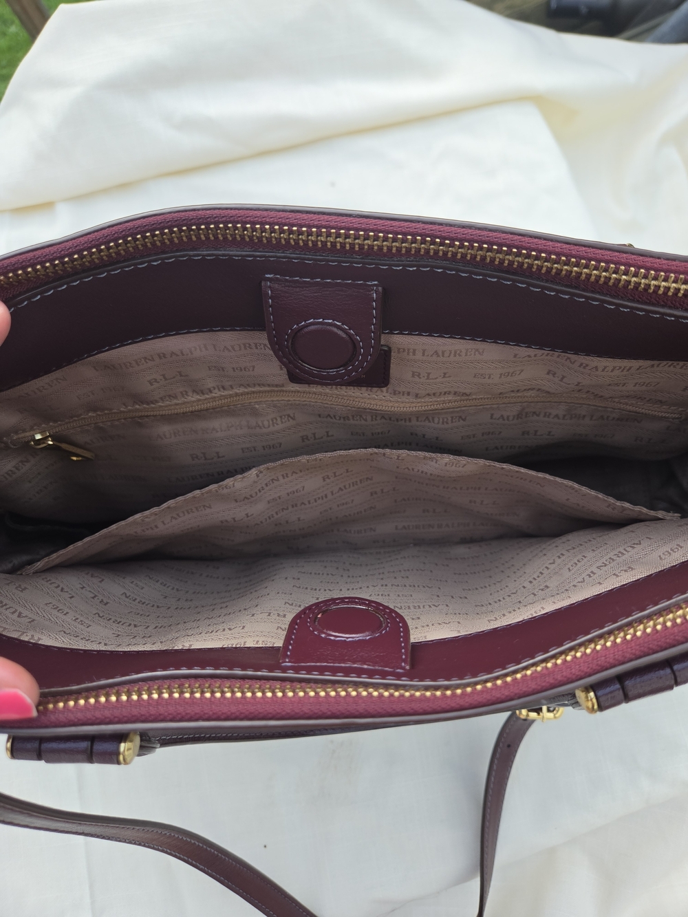 Lauren Ralph Lauren Burgundy Double Zip Leather Satchel with Gold Hardware - Picture 7 of 15